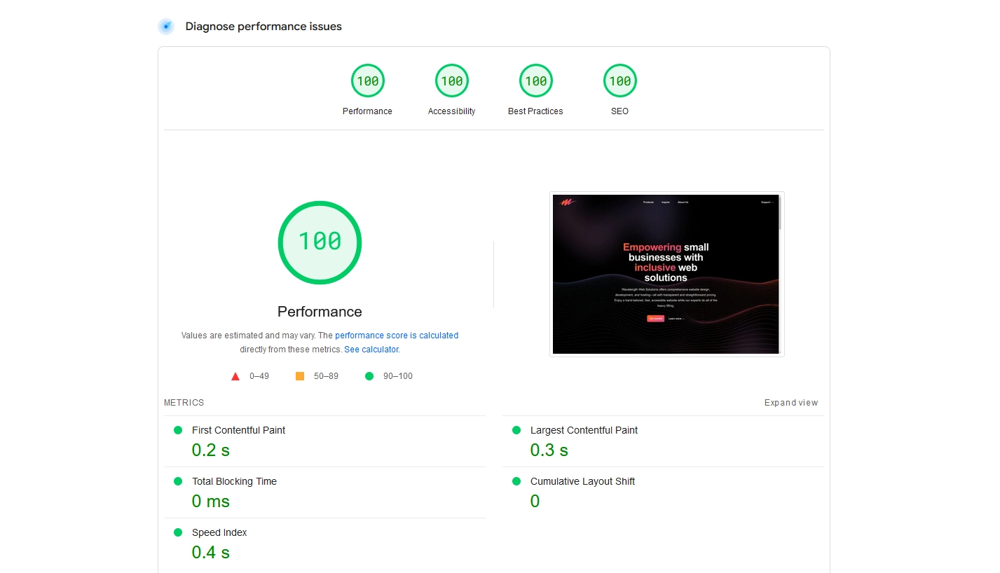 Page Speed Insights for the Wavelength Web Solutions website, showcasing a 100 score in all categories